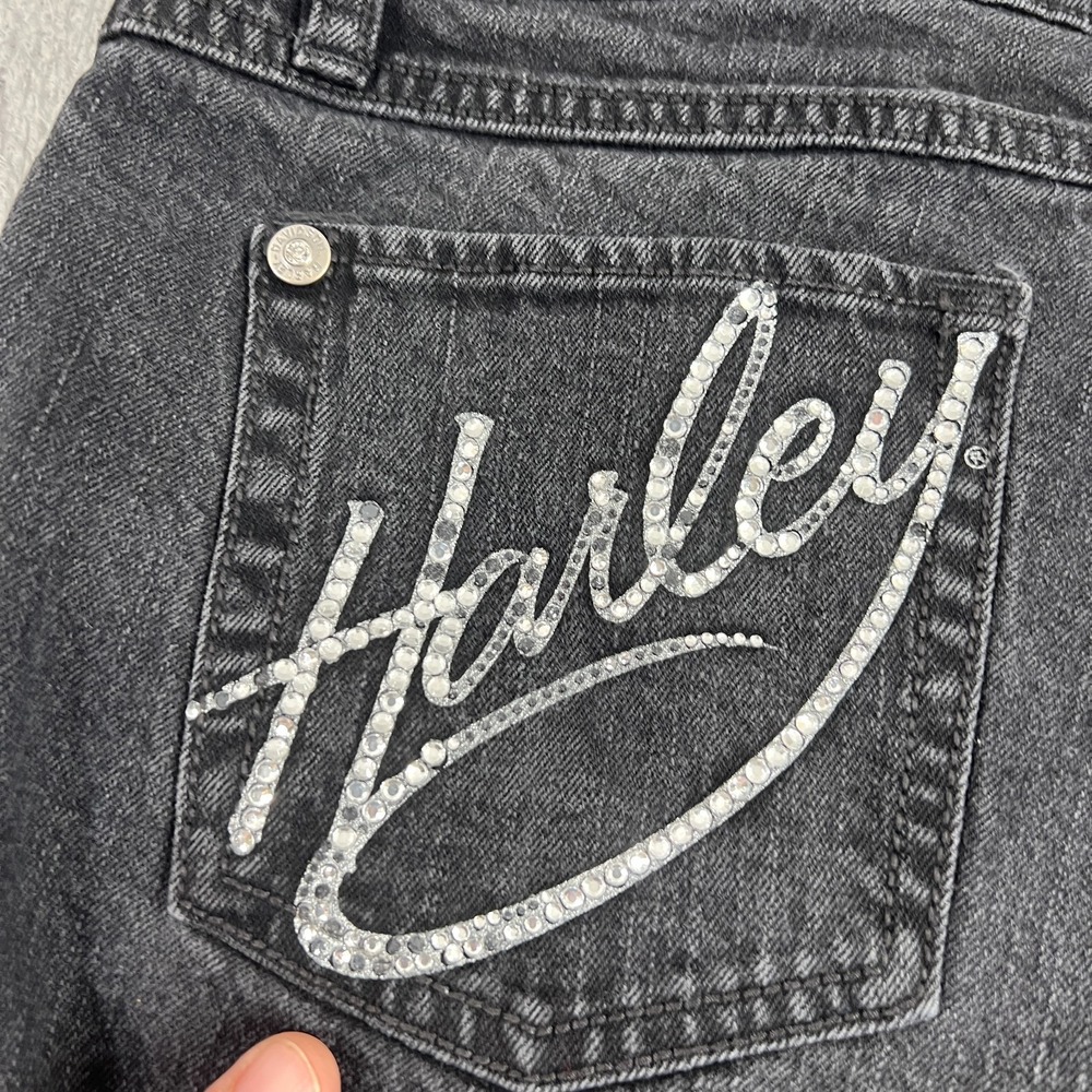 Y2K Harley Davidson Jeans Womens 31"x30 Black Bootcut Stretch Crystal Script - Picture 11 of 12